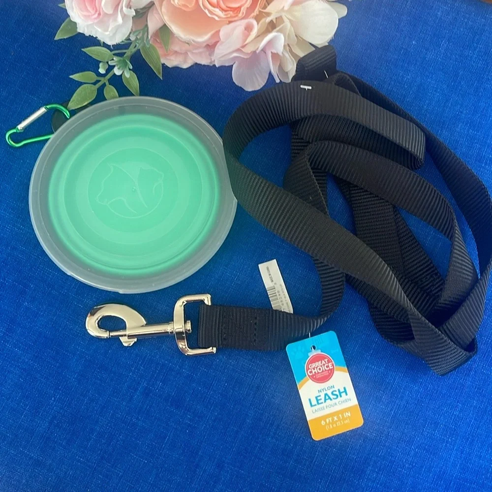 Grreat Choice - Dog Leash - 6 FT - Black With To Go Bowl